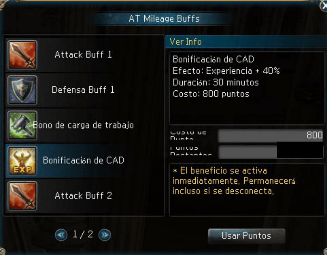 AT Mileage Buffs — Bonificación de CAD, +40% Exp por 30 min