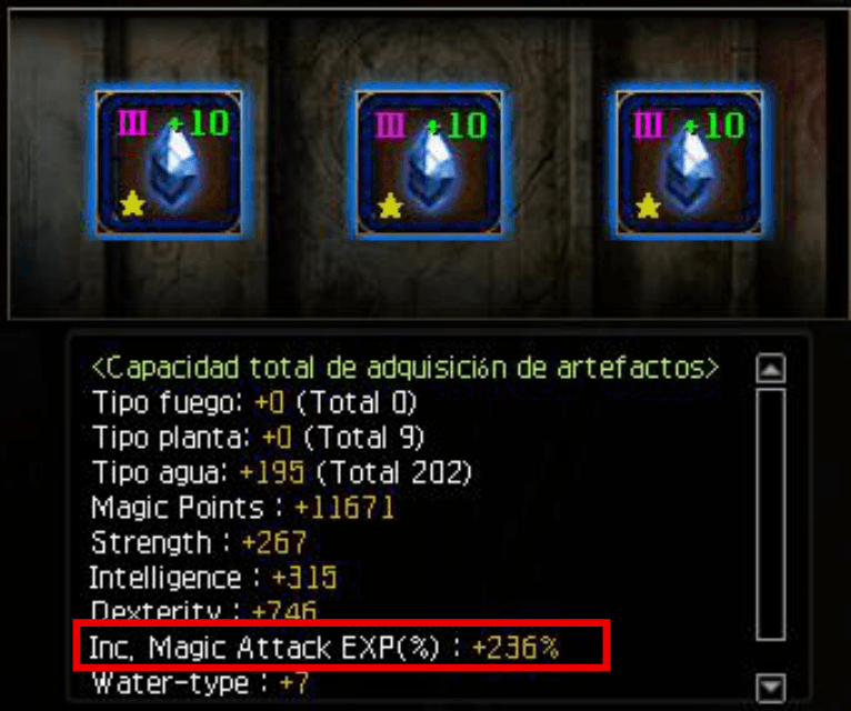 3 artefactos +10 clase III equipados — 236% Inc. Magic Attack EXP