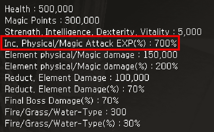 Tope máximo — 700% Inc. Physical/Magic Attack EXP