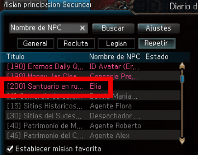 NPC Elia — misión Santuario en Ruinas