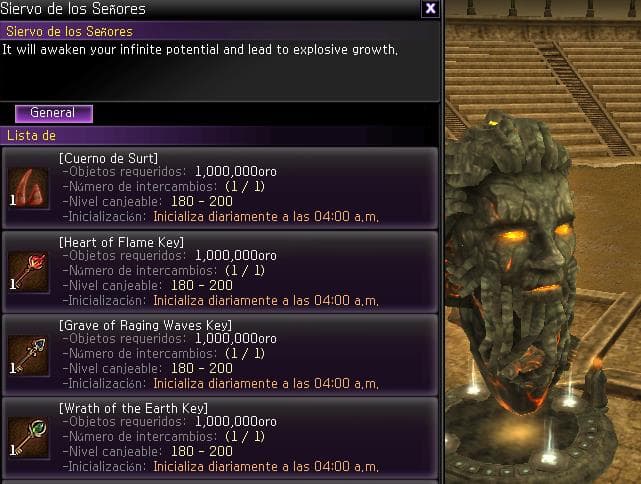 Lista de llaves en la tienda del NPC