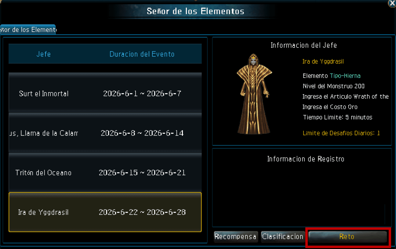 Pantalla Señor de los Elementos — botón Reto