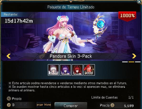 Pack Skins — 3 skins + piedras de mejora · 6699 GC = S/ 250 (67 USD)